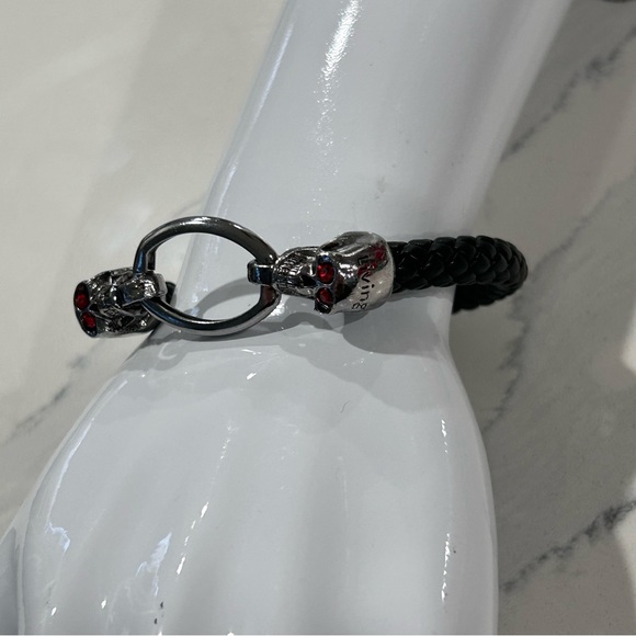 GOTHIC RED EYED SKULL Rhinestone & Leather Bracelet - Picture 2 of 7